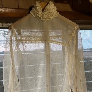 Vintage Sheer Lace Ruffle Blouse – Victorian Style – High Neck – Size 10